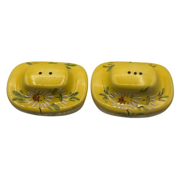Vintage Yellow Ceramic Salt & Pepper Shakers With Hand Painted Daisy Design - Picture 2 of 5